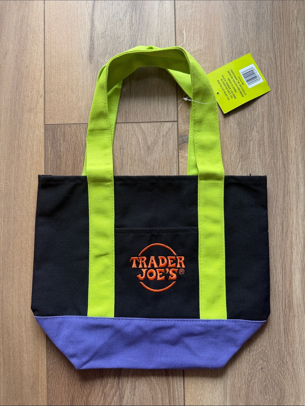 Trader Joe's Black Tote with Lime Handles and Purple Base